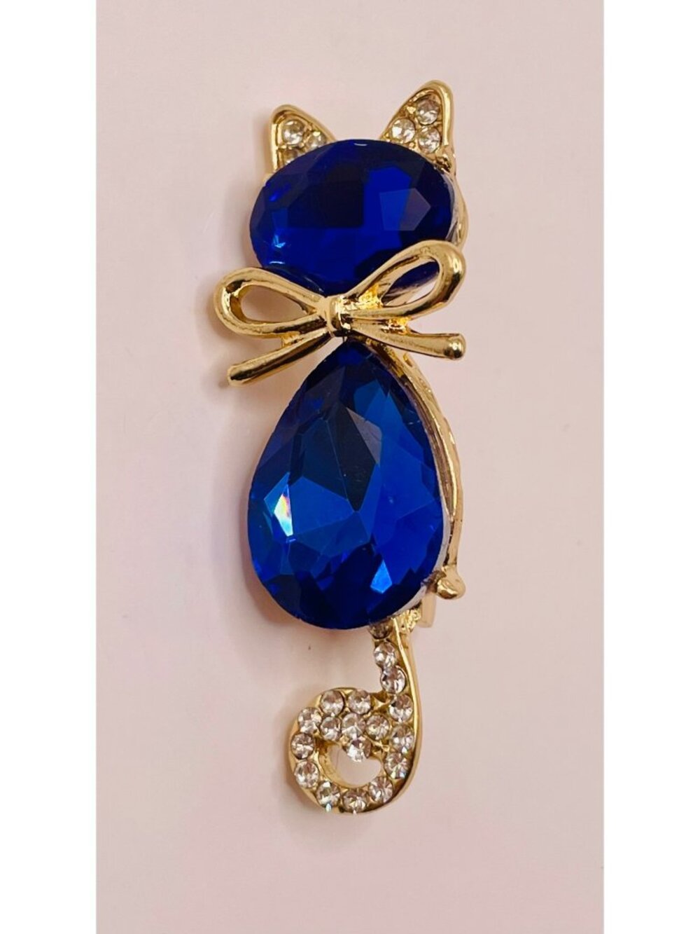 Blue Rhinestone Cat-Shaped Brooch Gold-Tone Crystal Accents -94B